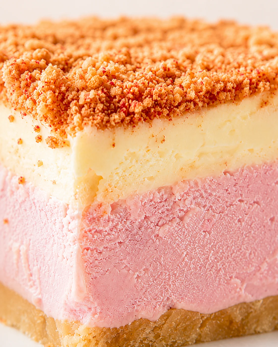 Close-up of a pink-ice-cream layered cake with pale yellow layer and crunchy crumb topping.