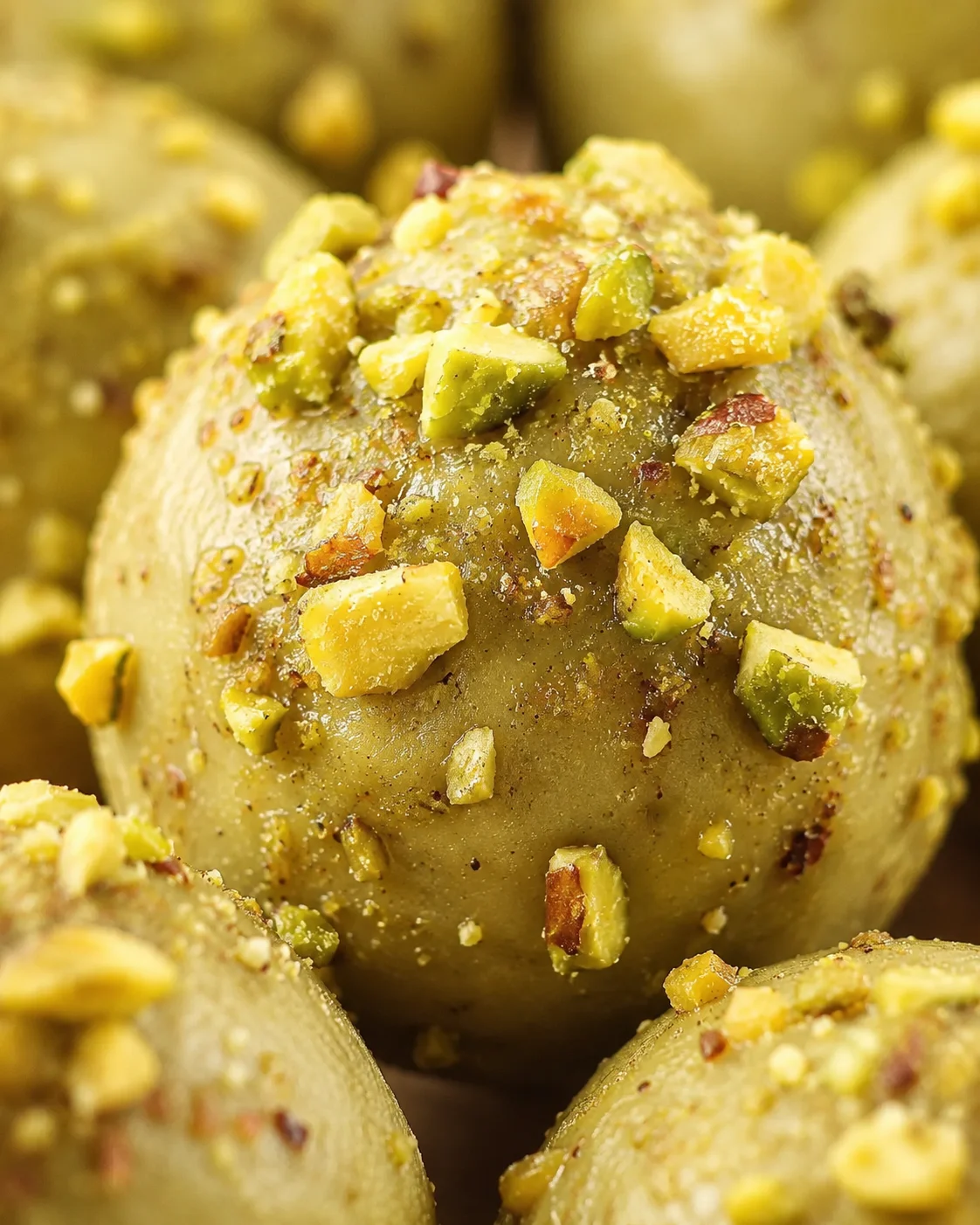 close-up of roasted potatoes topped with chopped pistachios and salt