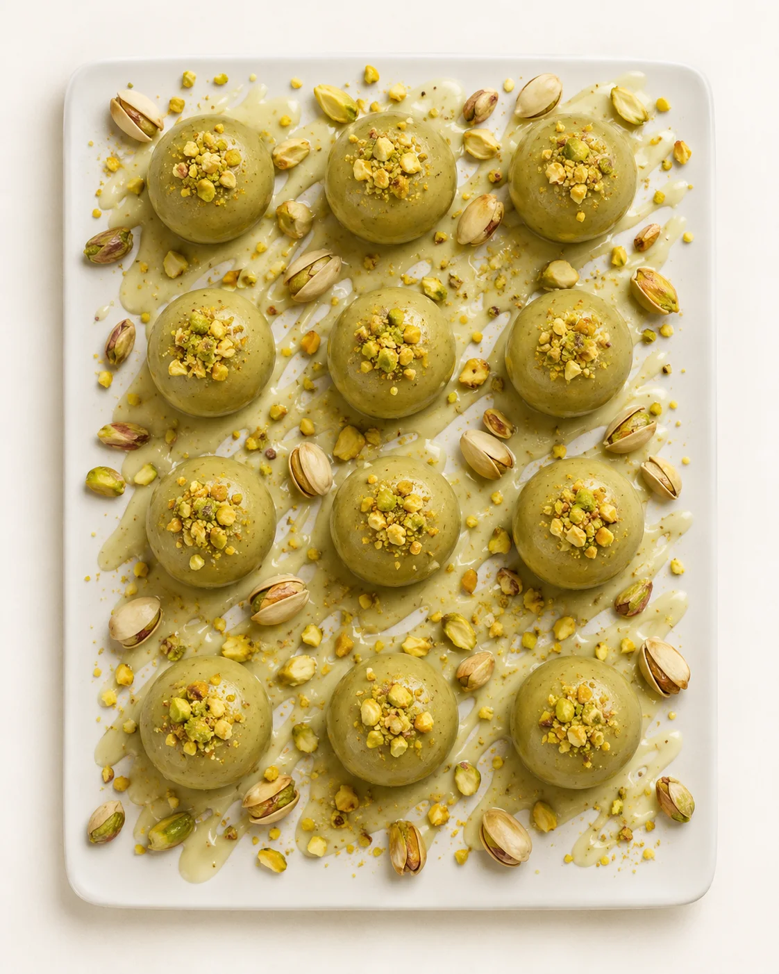 Rectangular white platter with twelve green pistachio-mochi balls topped with crushed pistachios and white sauce drizzle.