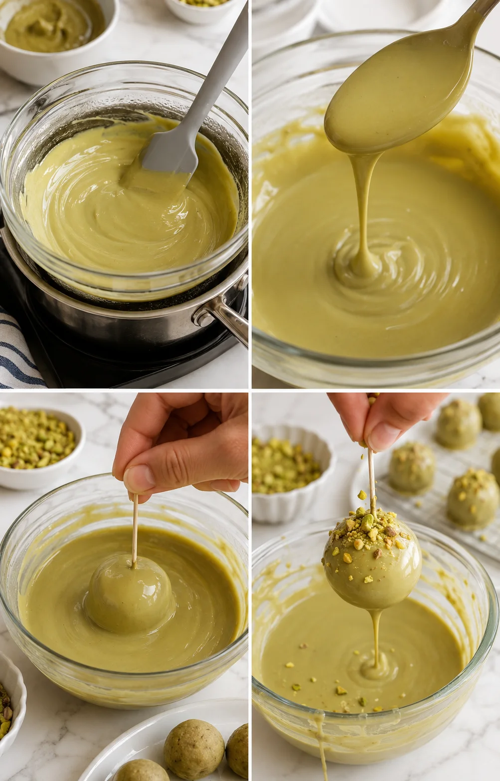 Collage of four shots showing a pale-green pistachio glaze being prepared, then dipped-coated truffles on skewers and topped with pistachios.