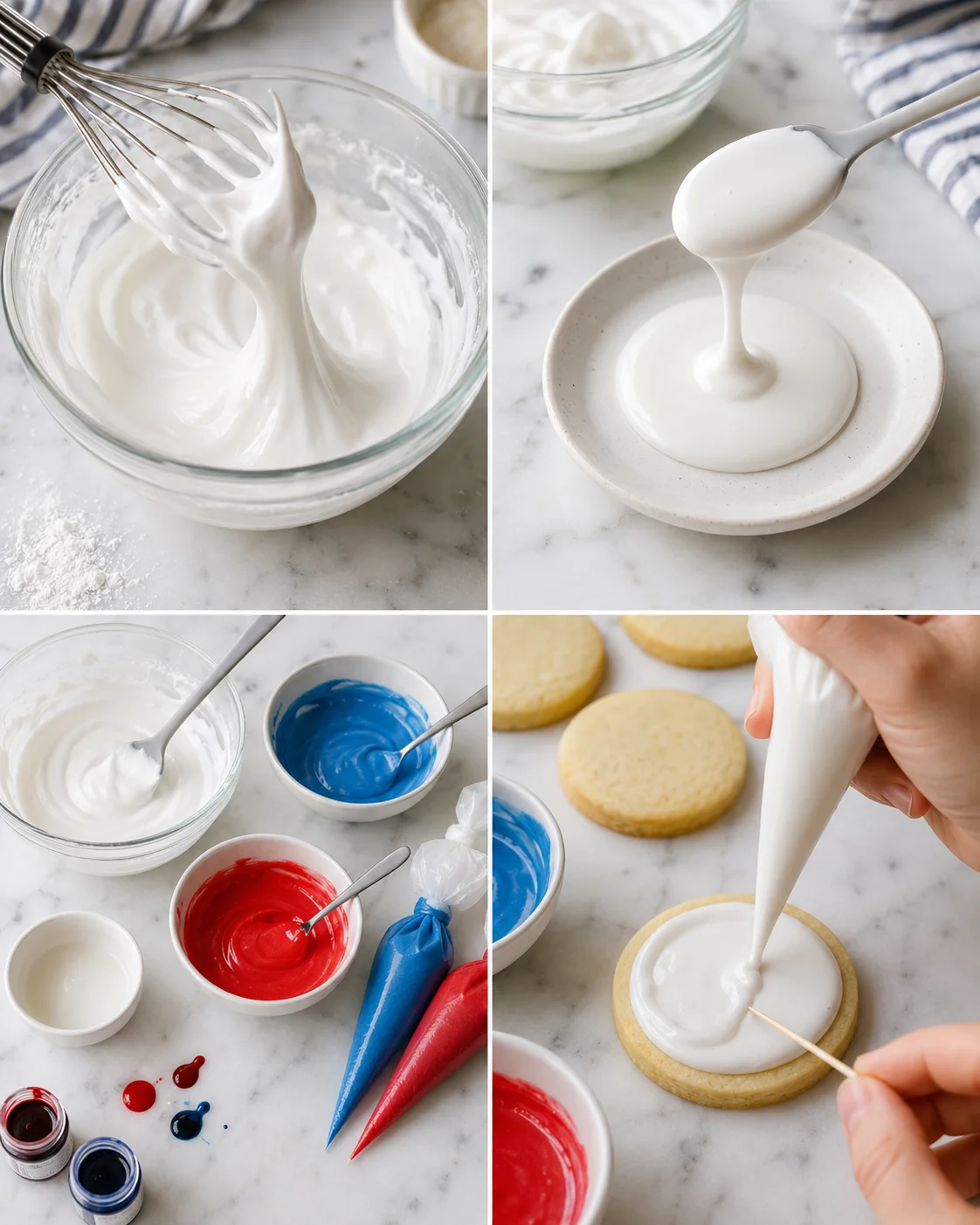 collage showing royal icing preparation and decorating: white icing being whisked, poured, colored icings in bowls, and cookies being piped