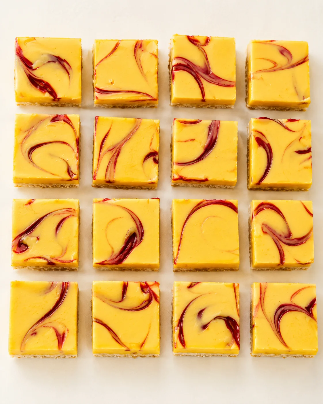 Top-down shot of 20 square lemon cheesecake bars with red swirl on parchment
