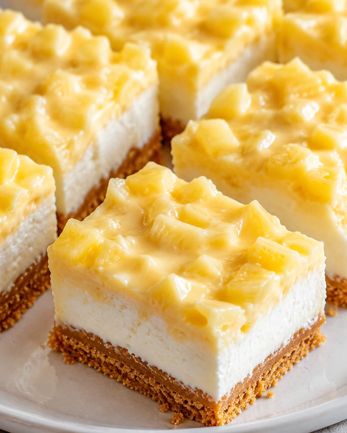 Square mango-cheesecake bars on a white plate, showing creamy filling, biscuit crust, and glossy mango topping