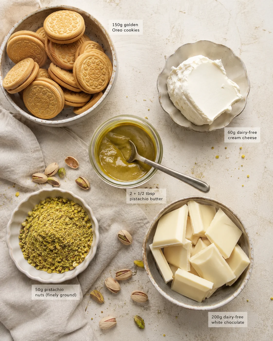 Top-down shot of vegan dessert ingredients: cookies, cream cheese, pistachio butter, white chocolate, and pistachios.