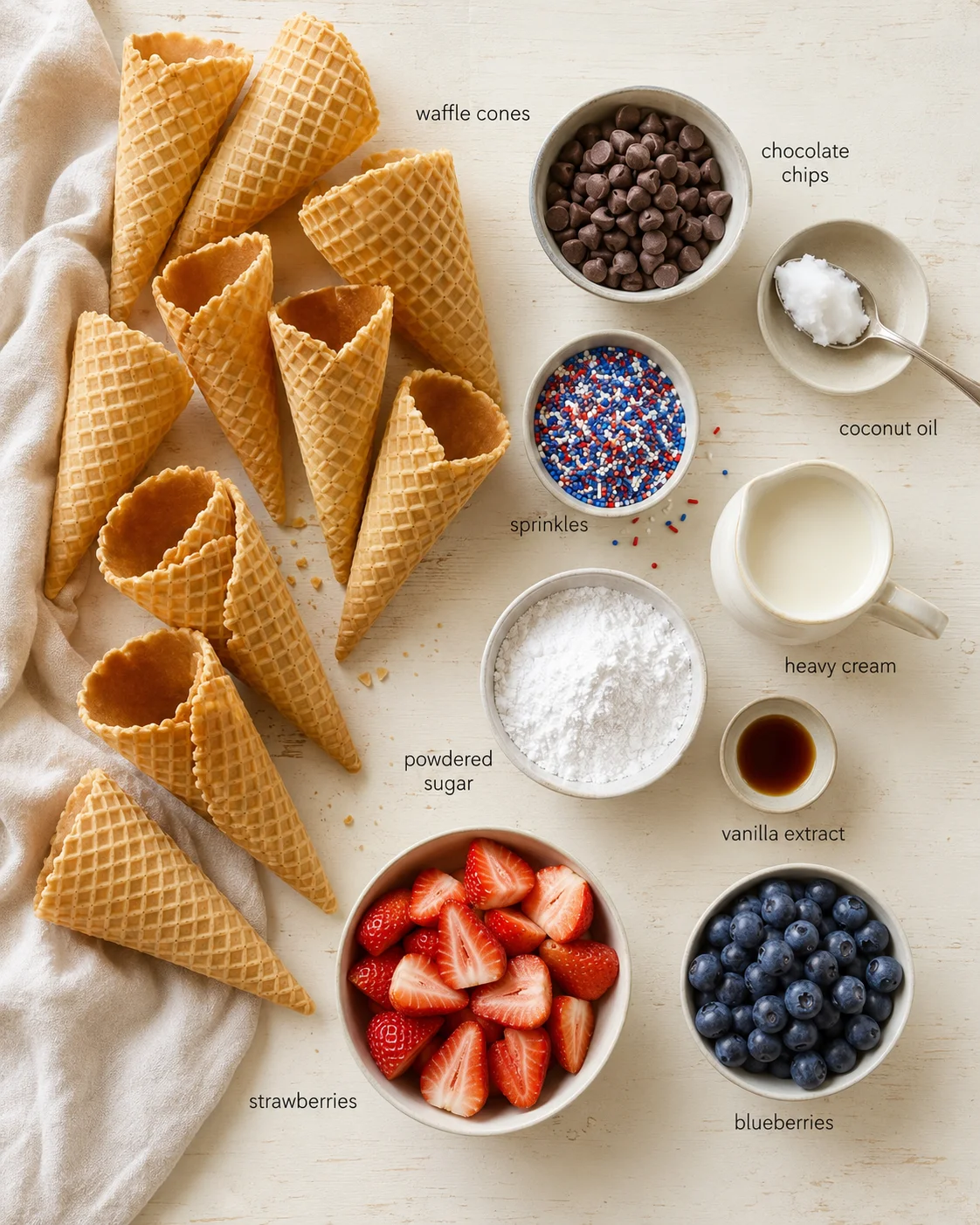 Overhead shot of waffle cones with labeled ingredients: chocolate chips, sprinkles, powdered sugar, berries, and dairy.