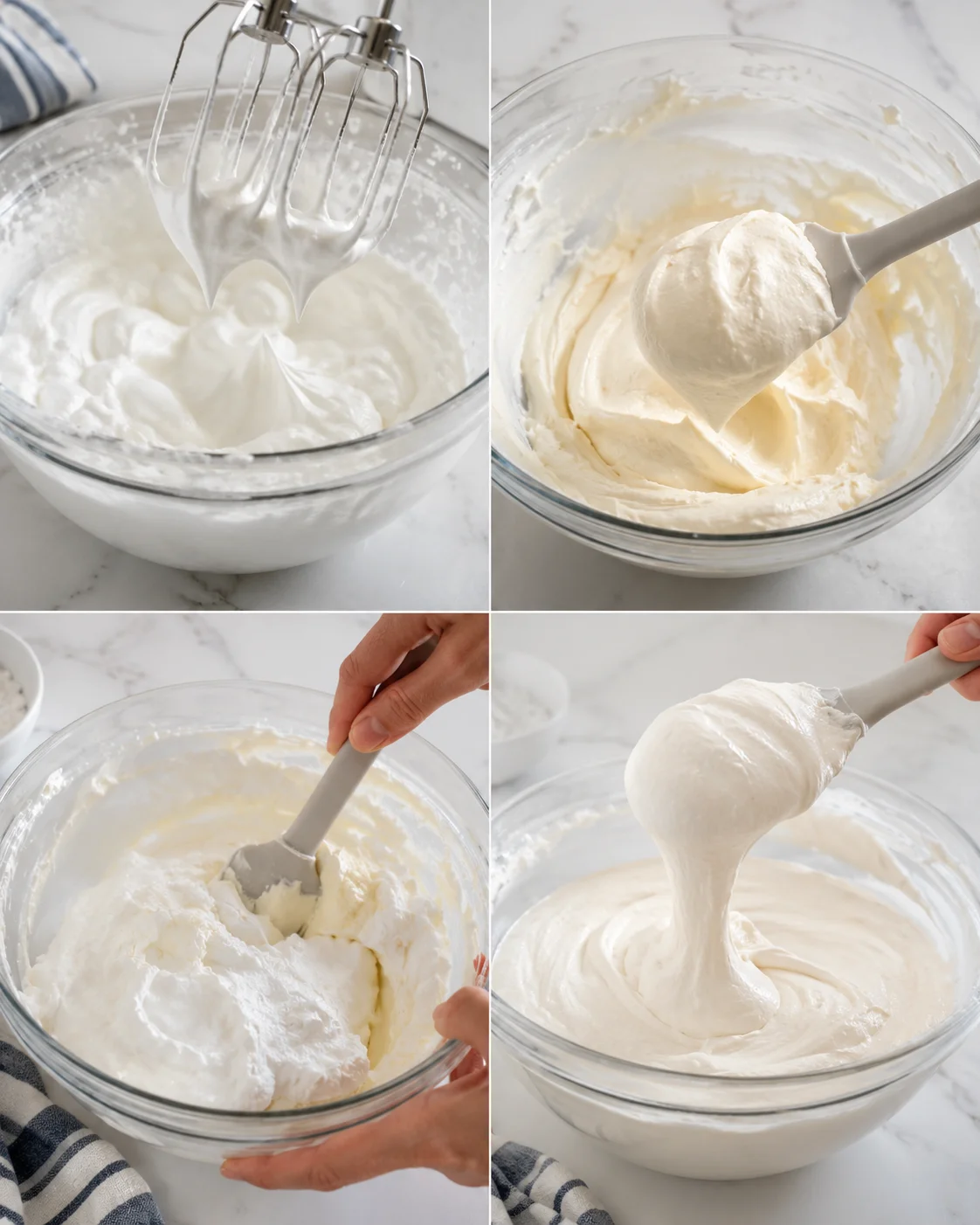 four-panel collage showing whisking, creaming, folding, and lifting whipped cream in glass bowls.