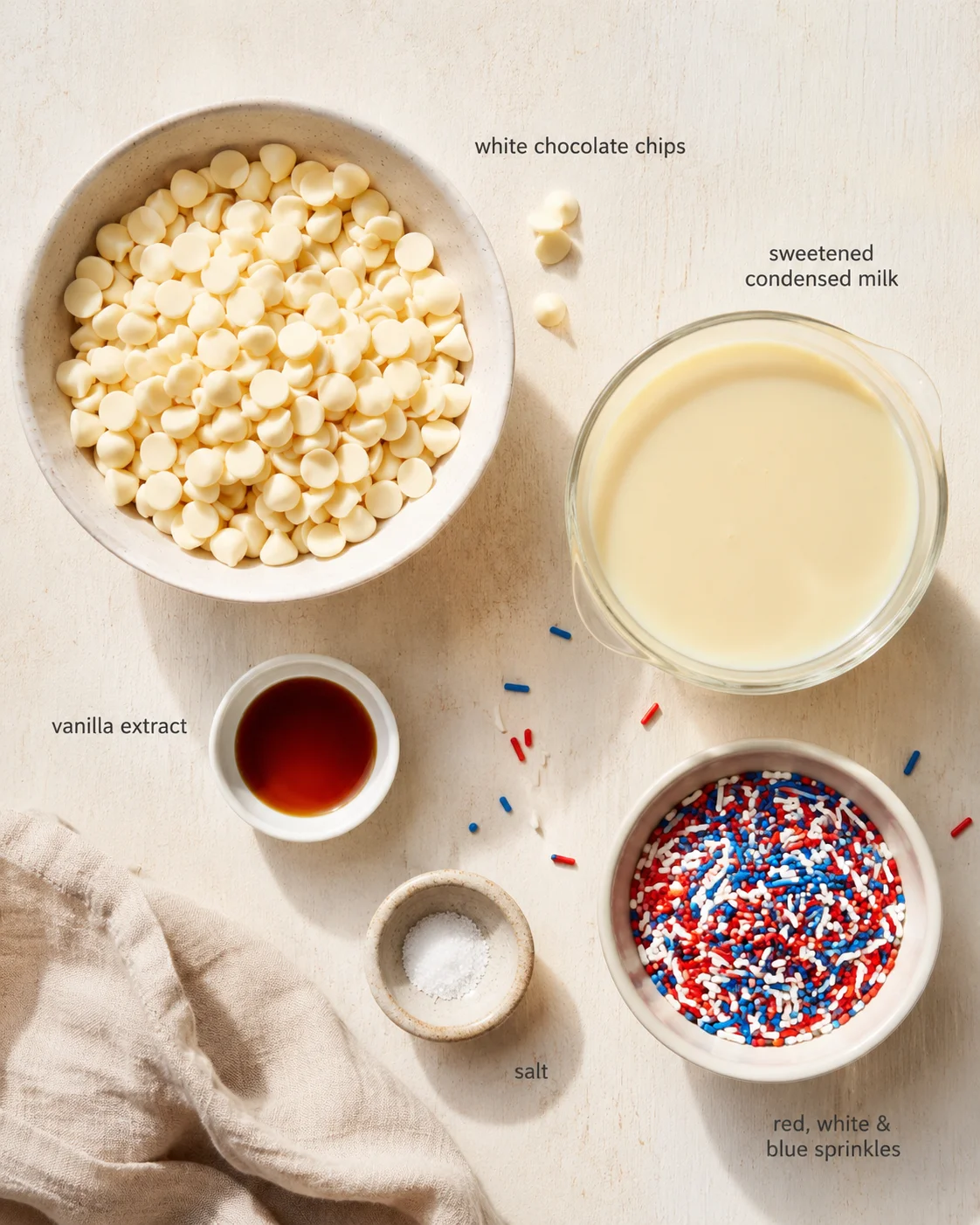 top-down view of baking ingredients: white chocolate chips, condensed milk, vanilla extract, salt, and red-white-blue sprinkles
