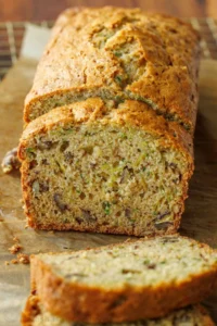 Sliced loaf of homemade zucchini bread