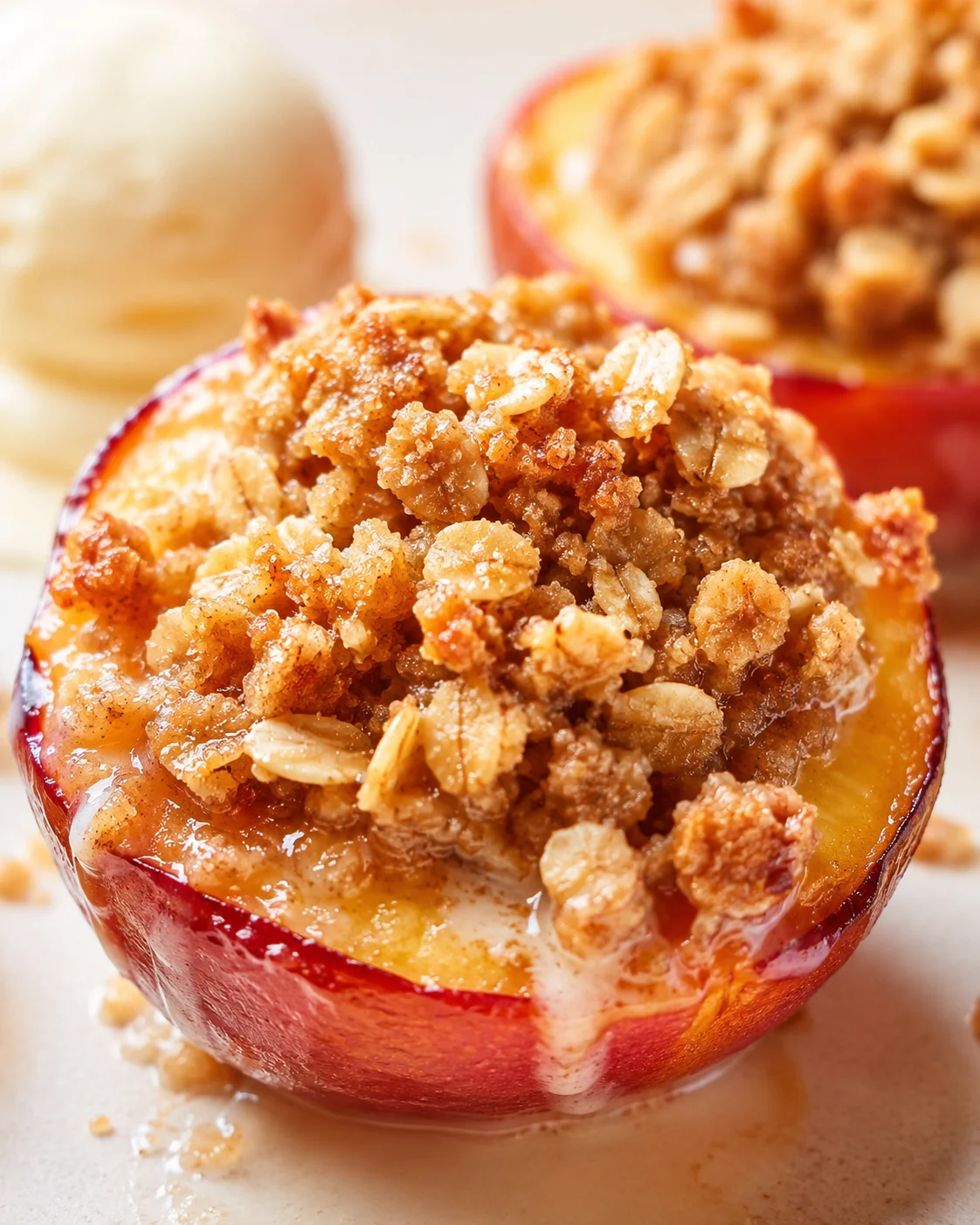 close-up of a baked peach half topped with crumbly oat crumble and creamy sauce