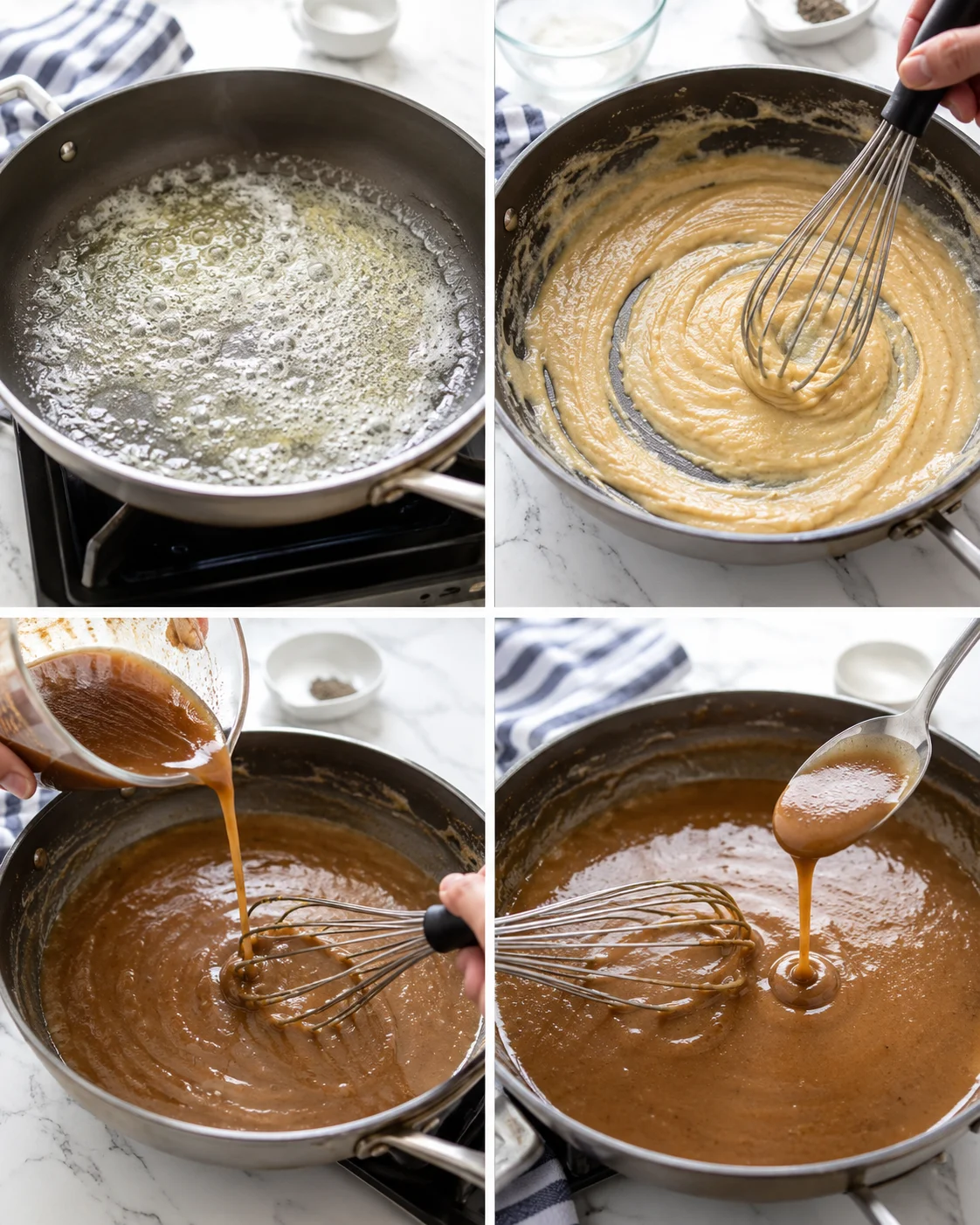 four-panel collage showing butter melting, whisking caramel, pouring sauce, and thick caramel