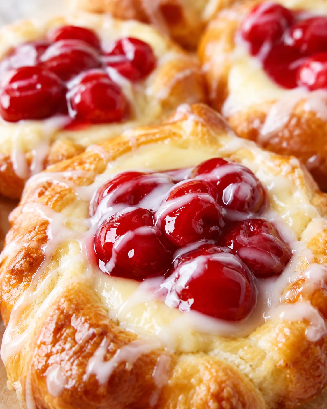 Close-up of cherry-filled cheese Danish pastries with glossy glaze on a golden crust.