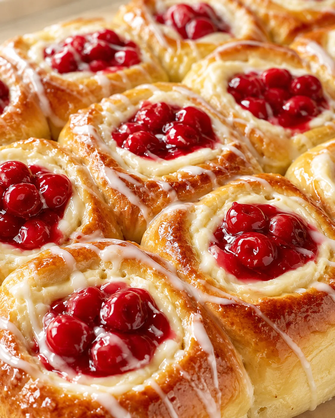Golden, glossy pastry spirals filled with creamy cheese and bright red cherries, drizzled with icing.