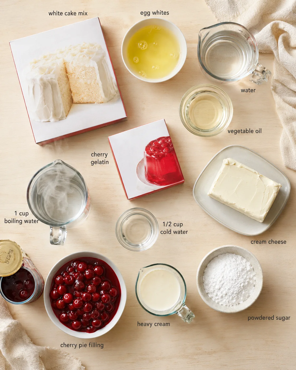 Overhead view of cherry pie ingredients arranged on a light wooden surface with labeled items.