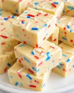Creamy white fudge squares with red, blue, and white sprinkles stacked on a plate.