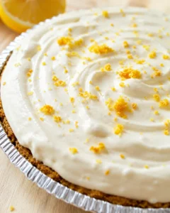 Close-up of lemon cheesecake with white frosting and orange zest on a foil pie pan.