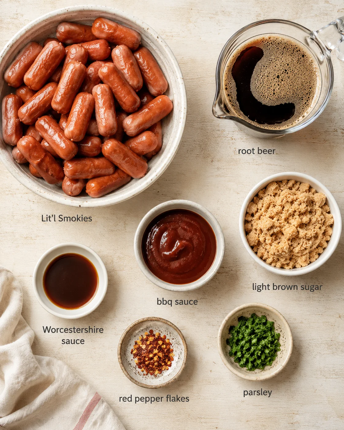 flat lay of lit'l smokies with root beer and small bowls of sauces and spices on a light wooden surface