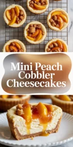 Collage of mini peach cobbler cheesecakes showing the finished cheesecakes on a rack and a plated cheesecake with peach topping.