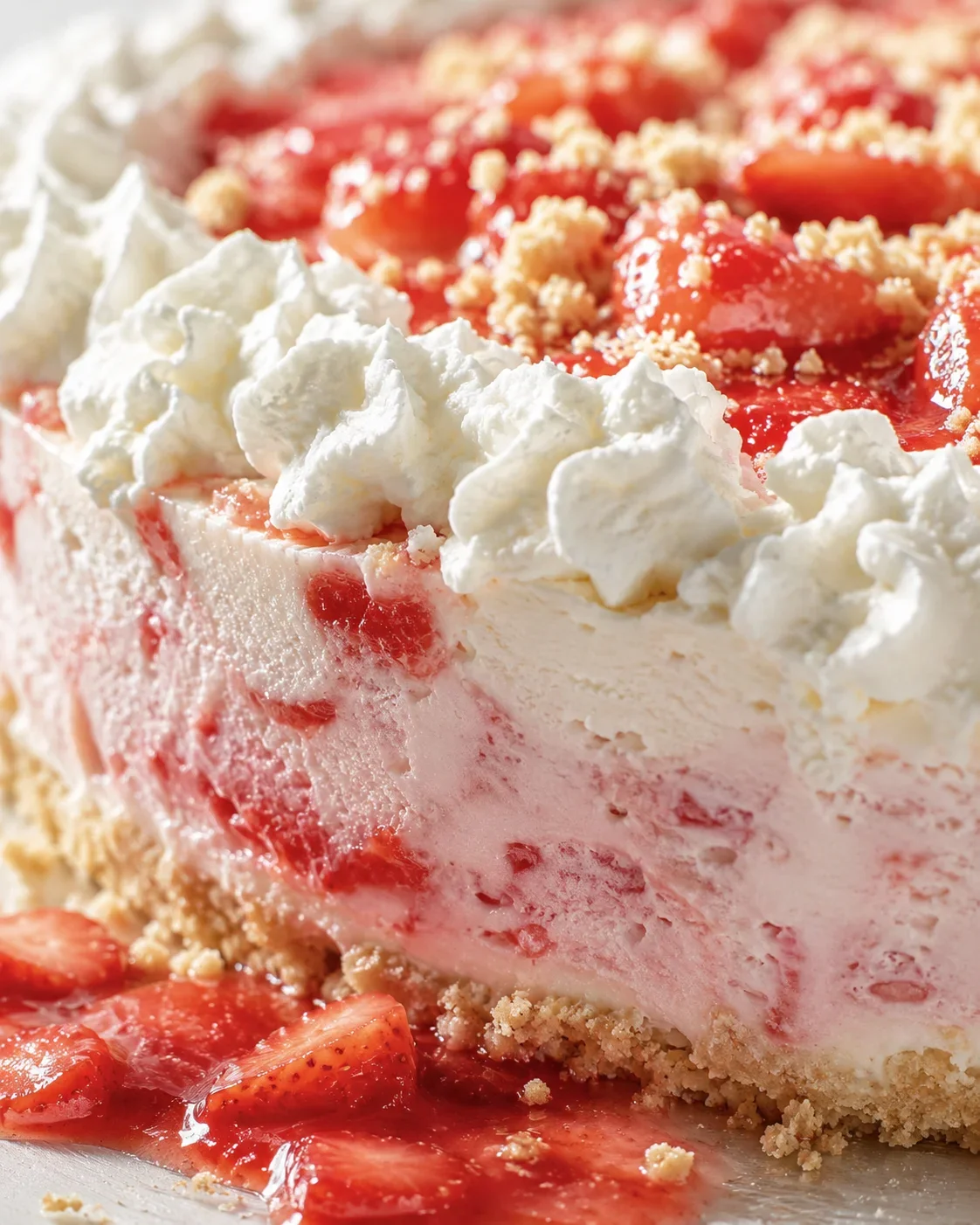 Delicious layered strawberry shortcake ice cream cake with whipped cream and cookie crumble