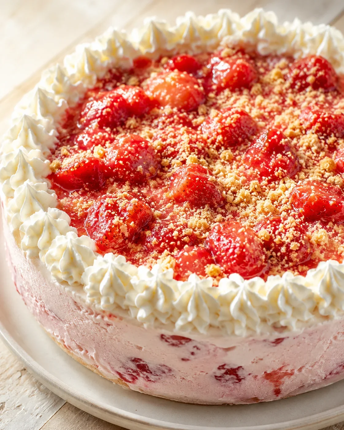 Delicious homemade strawberry shortcake ice cream cake with cookie crumble topping.