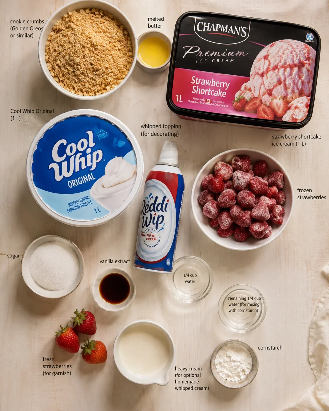 Ingredients for strawberry shortcake ice cream cake including cookies, ice cream, and strawberries.