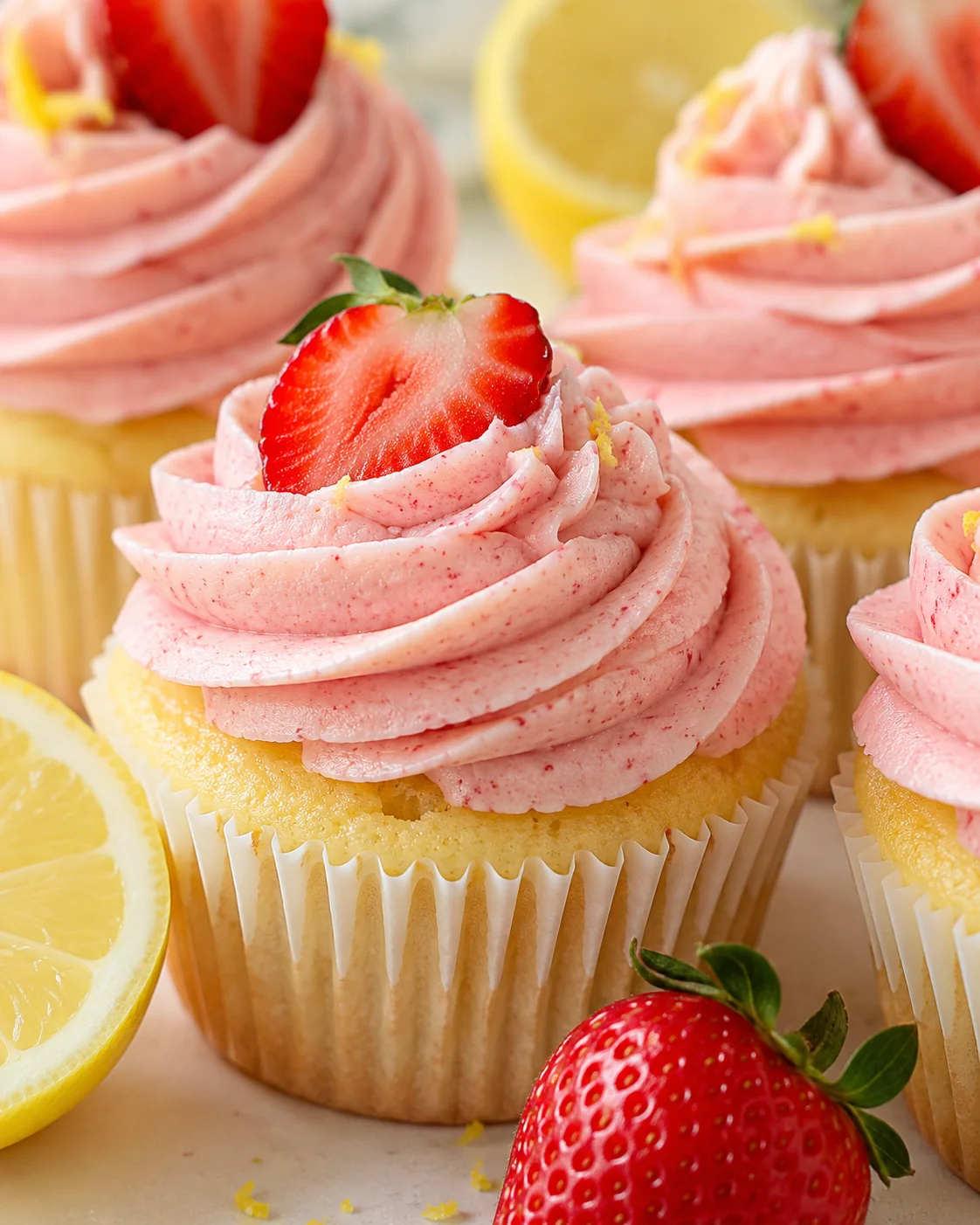 Delicious cupcakes with pink strawberry frosting and fresh strawberries on top.