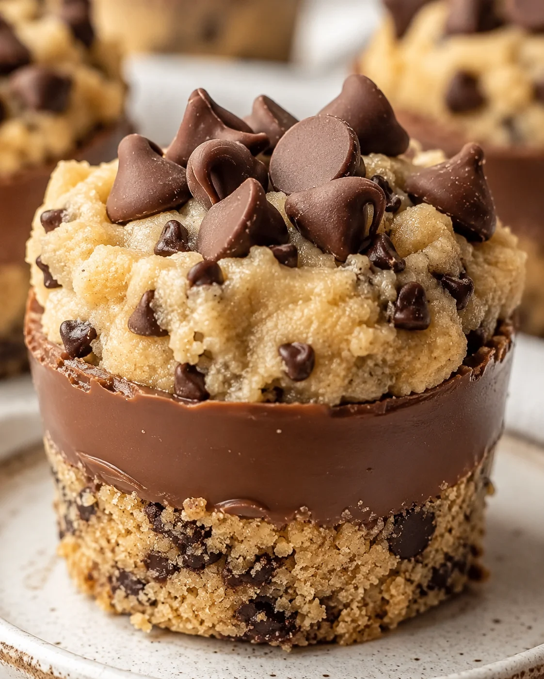 Close-up of layered no-bake cookie dough cups with chocolate toppings
