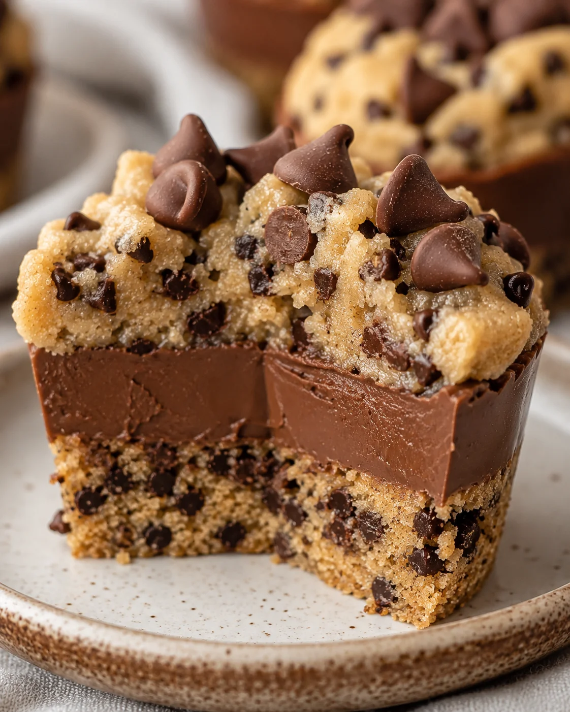 Close-up of a layered chocolate chip cookie dough cup dessert with chocolate topping