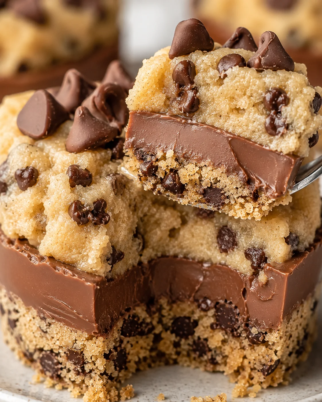 Close-up of layered chocolate chip cookie dough cups with chocolate chips on top.