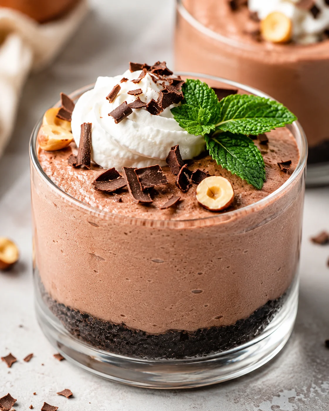 Creamy chocolate hazelnut mascarpone in a glass with whipped topping and mint.