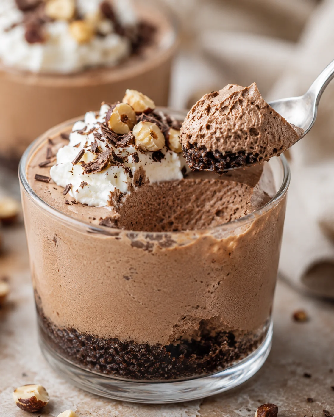 Creamy chocolate hazelnut dessert cups with toppings in a glass