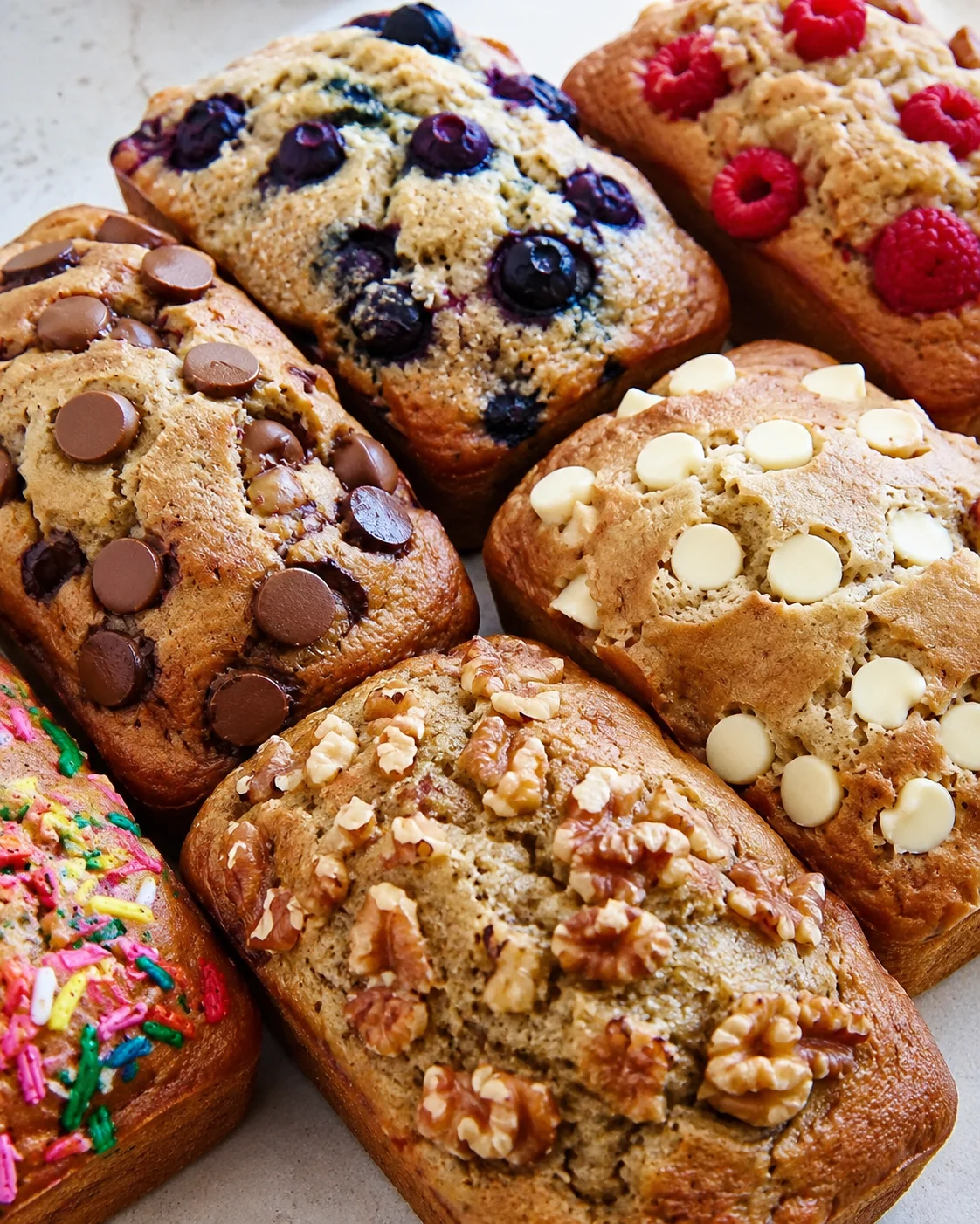 Delicious mini banana bread loaves with various toppings, perfect for snacks and gifts.