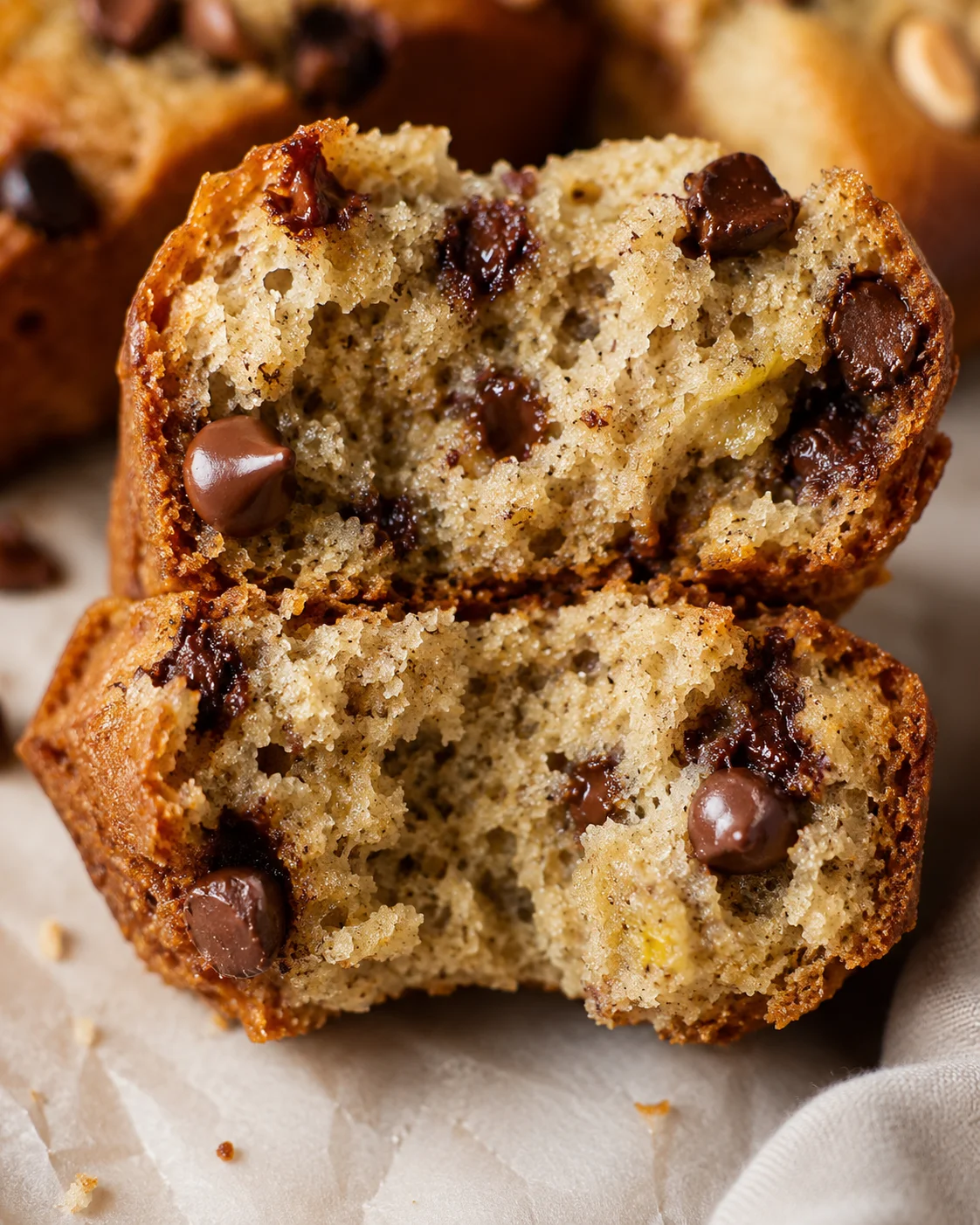 Close-up of moist mini banana bread loaves with chocolate chips on top.