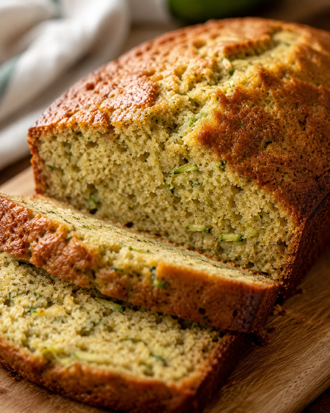 Freshly baked moist zucchini bread with a golden crust on a wooden surface.