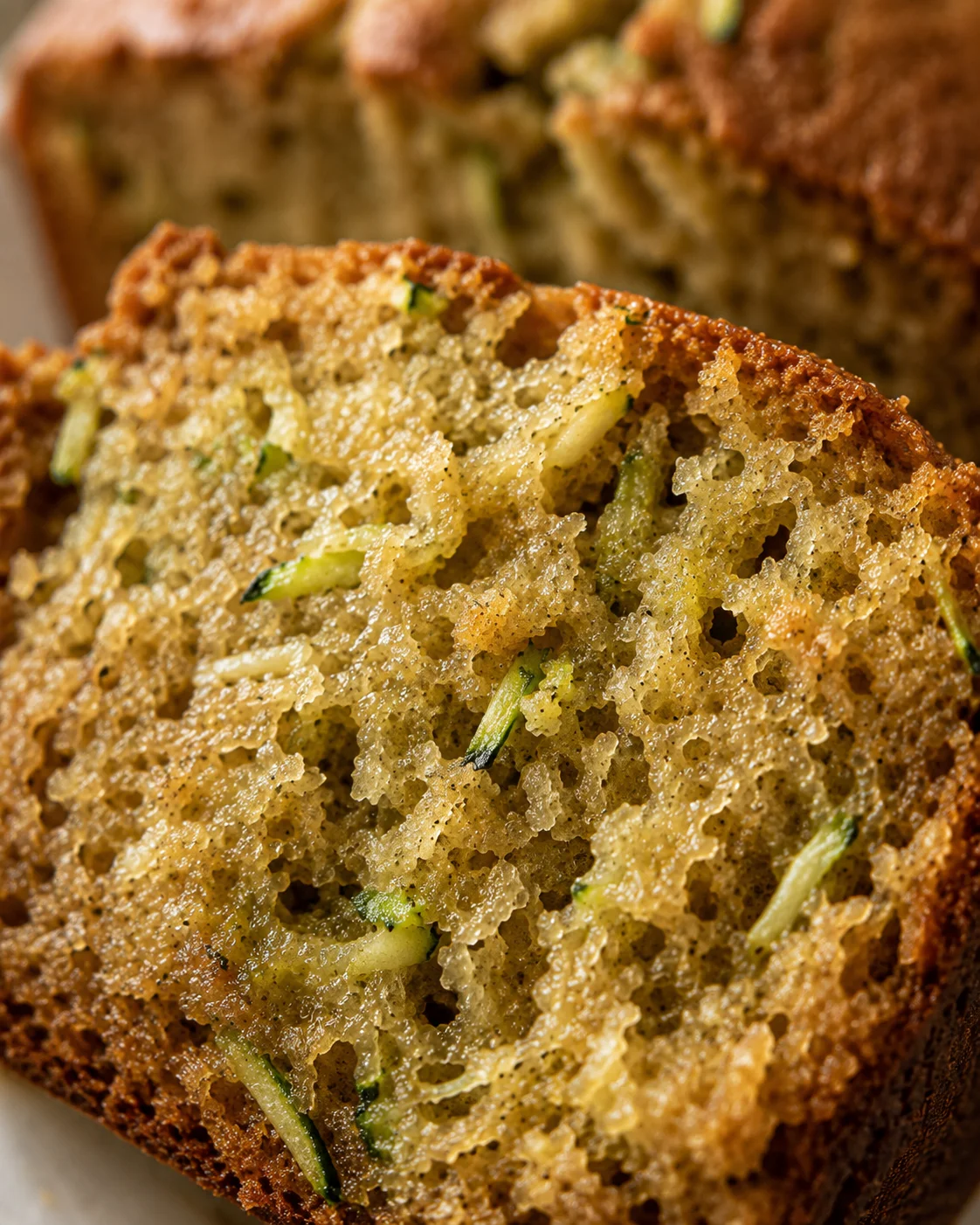 Close-up of moist homemade zucchini bread with shredded zucchini chunks visible