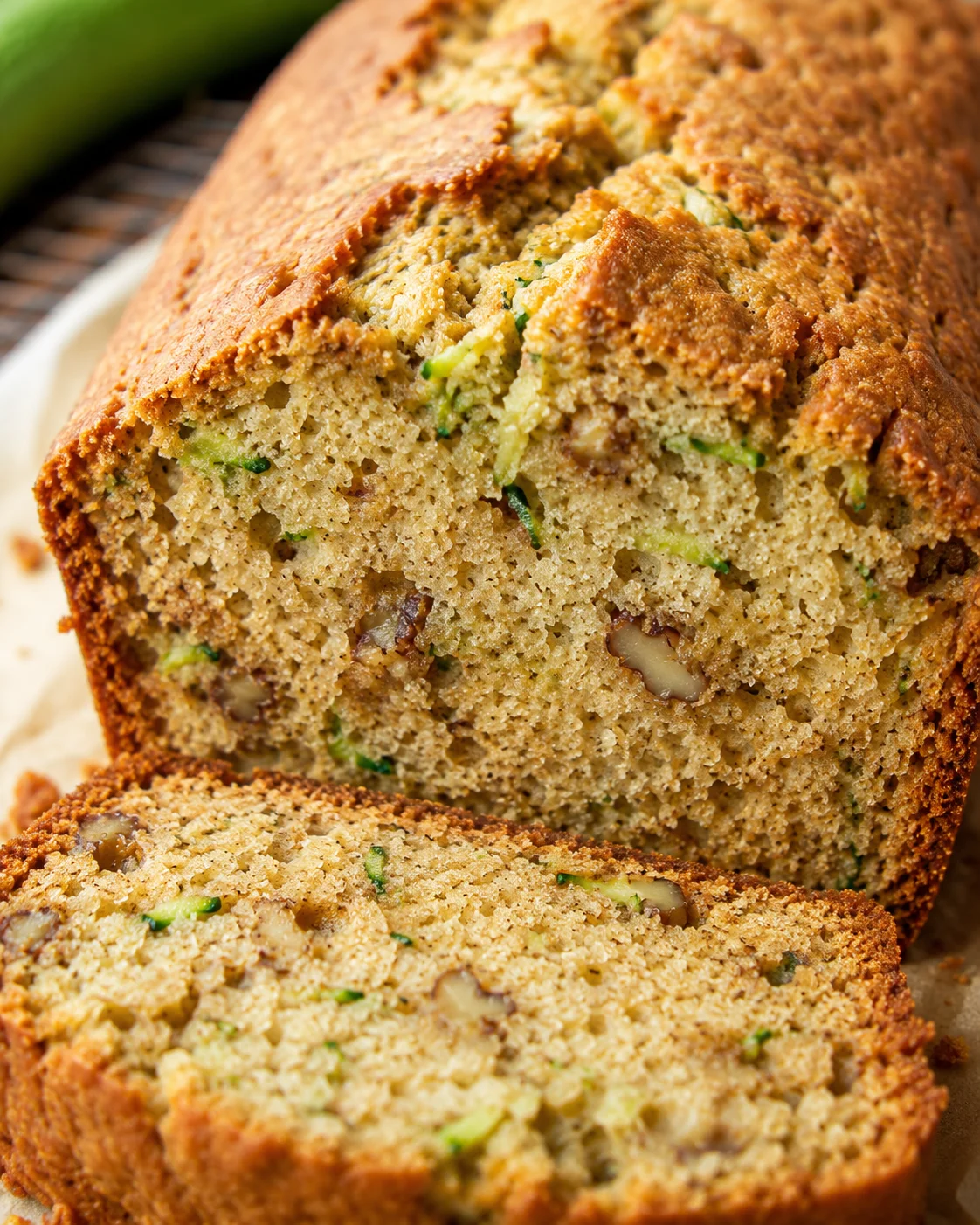Close-up of moist, freshly baked zucchini bread with nuts and zucchini chunks.