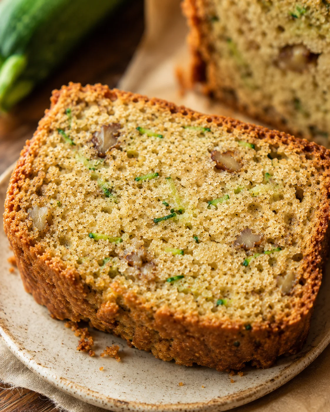 Close-up of moist, lightly sweet zucchini bread with nuts and cinnamon