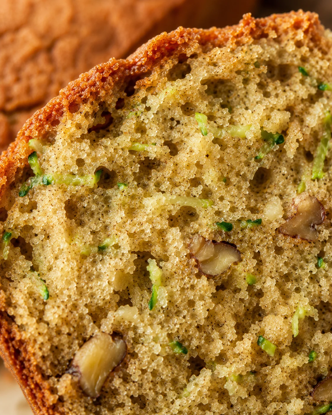 Close-up of moist, golden zucchini bread with nuts and green zucchini bits