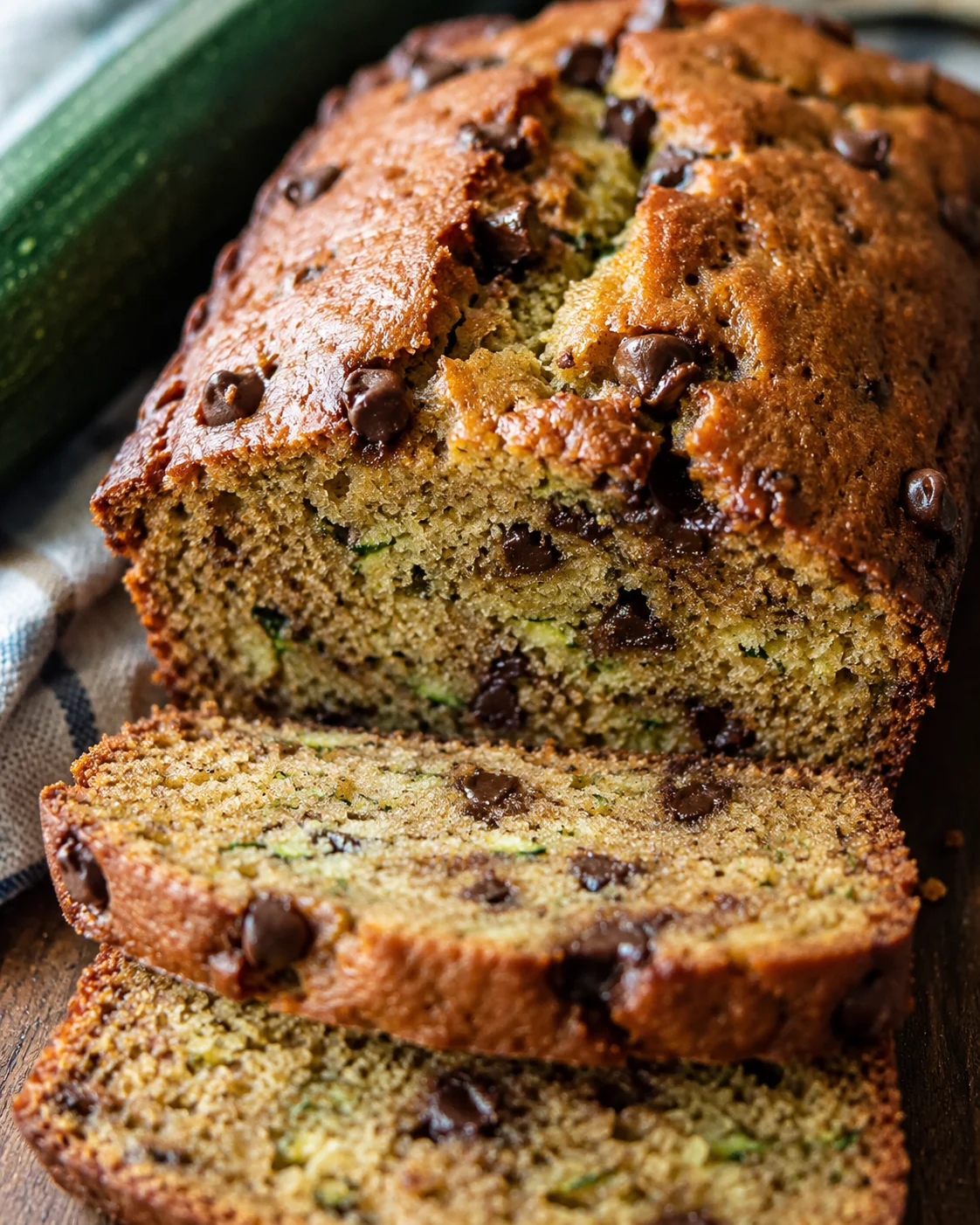 Close-up of freshly baked zucchini bread with chocolate chips, sliced on a wooden board