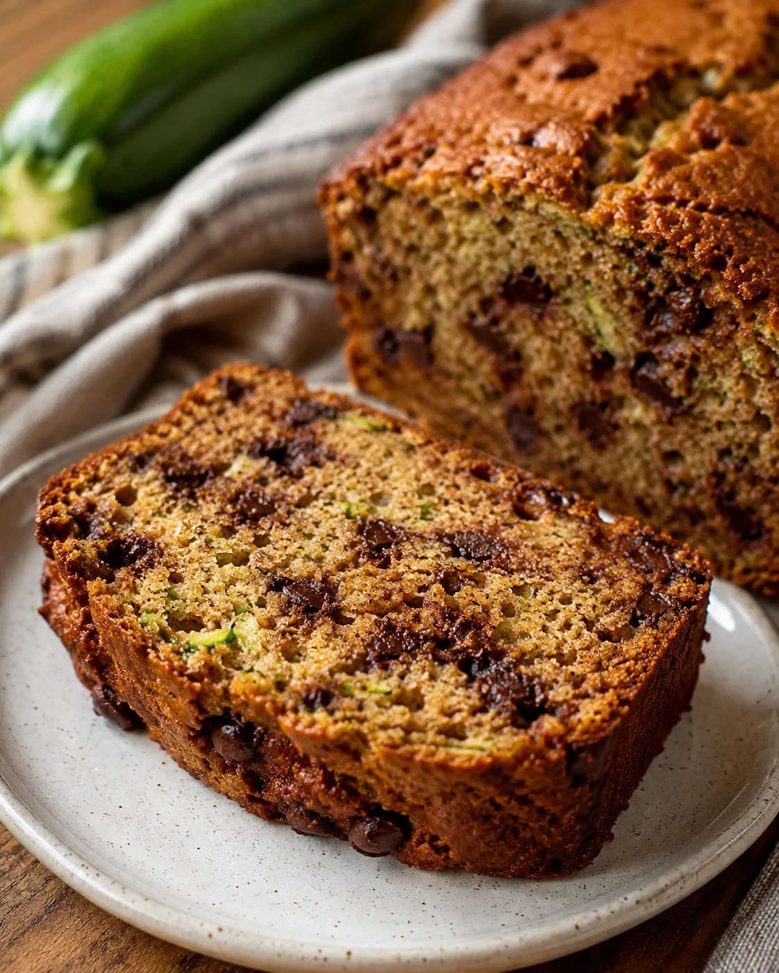Close-up of moist zucchini bread with chocolate chips on a plate