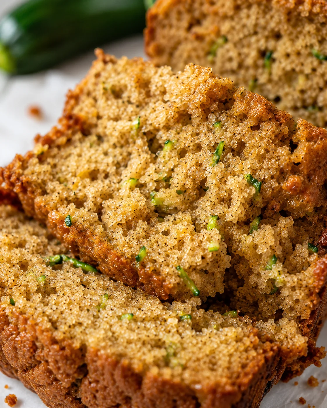 Close-up of moist, spiced zucchini bread with green zucchini bits visible