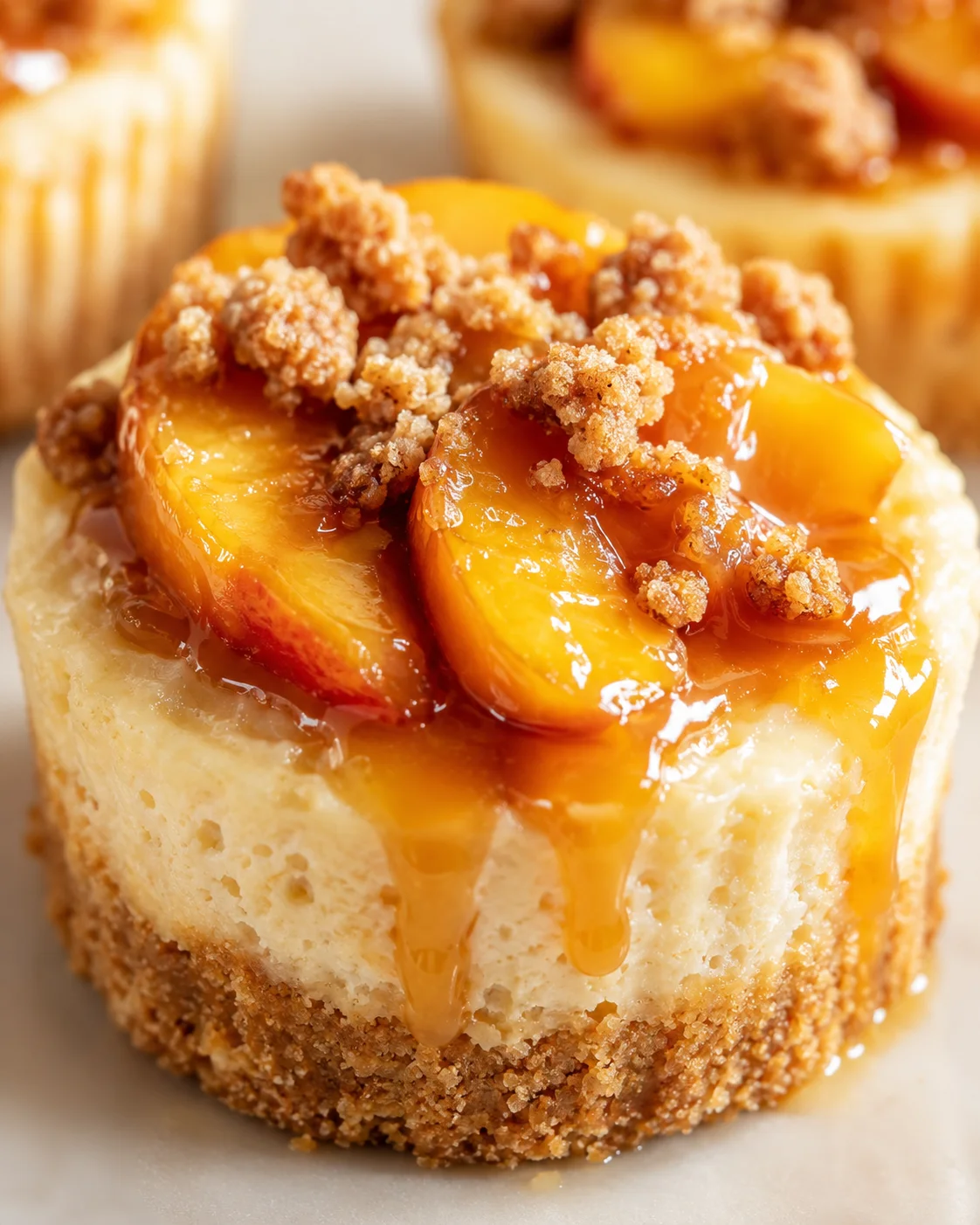 Close-up of peach-topped cheesecake bite with caramel drizzle and crumb crust on a white plate