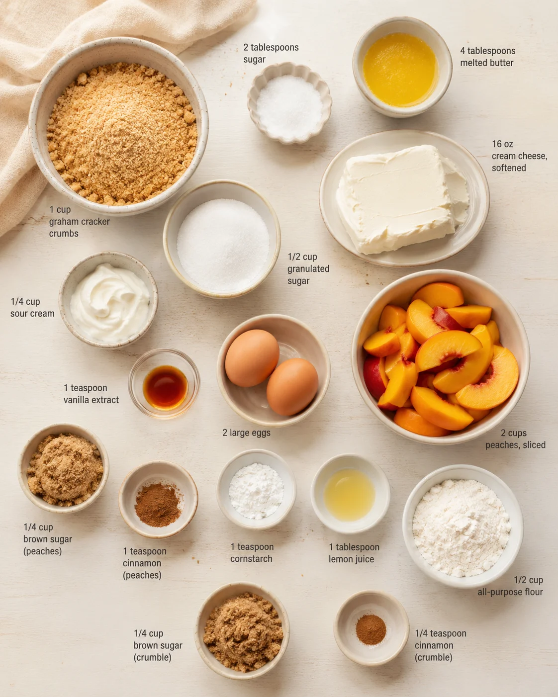 top-down view of labeled ingredients for peach cobbler laid out on a light wooden surface