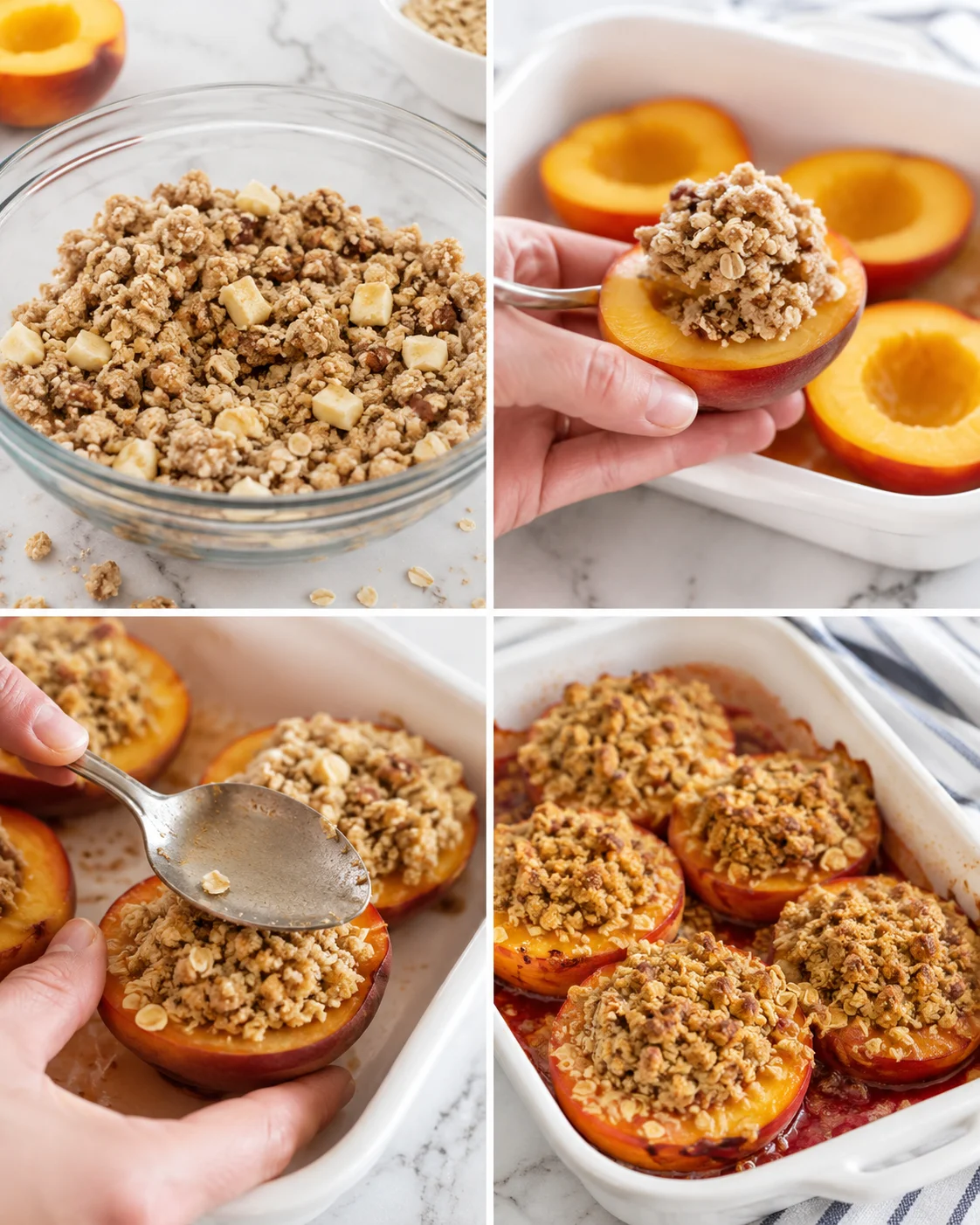 collage showing oats-crumble topping in a bowl, peach halves with crumble, and a baking-dish filled with baked peaches