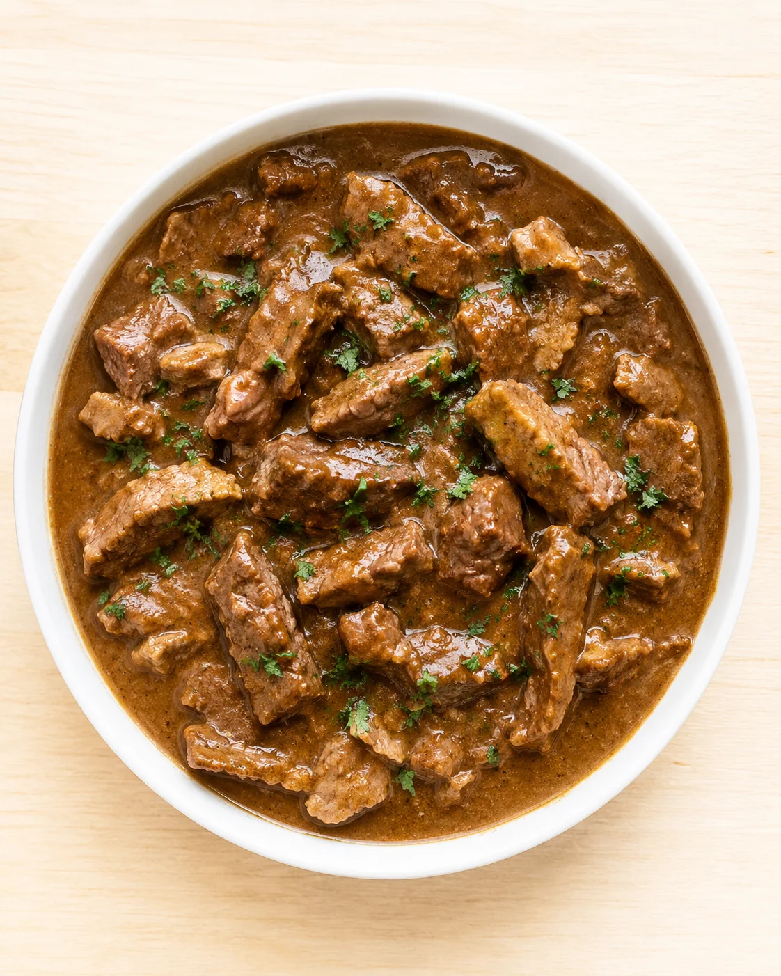 White bowl of chunky beef stew in glossy brown sauce, garnished with parsley on wood.