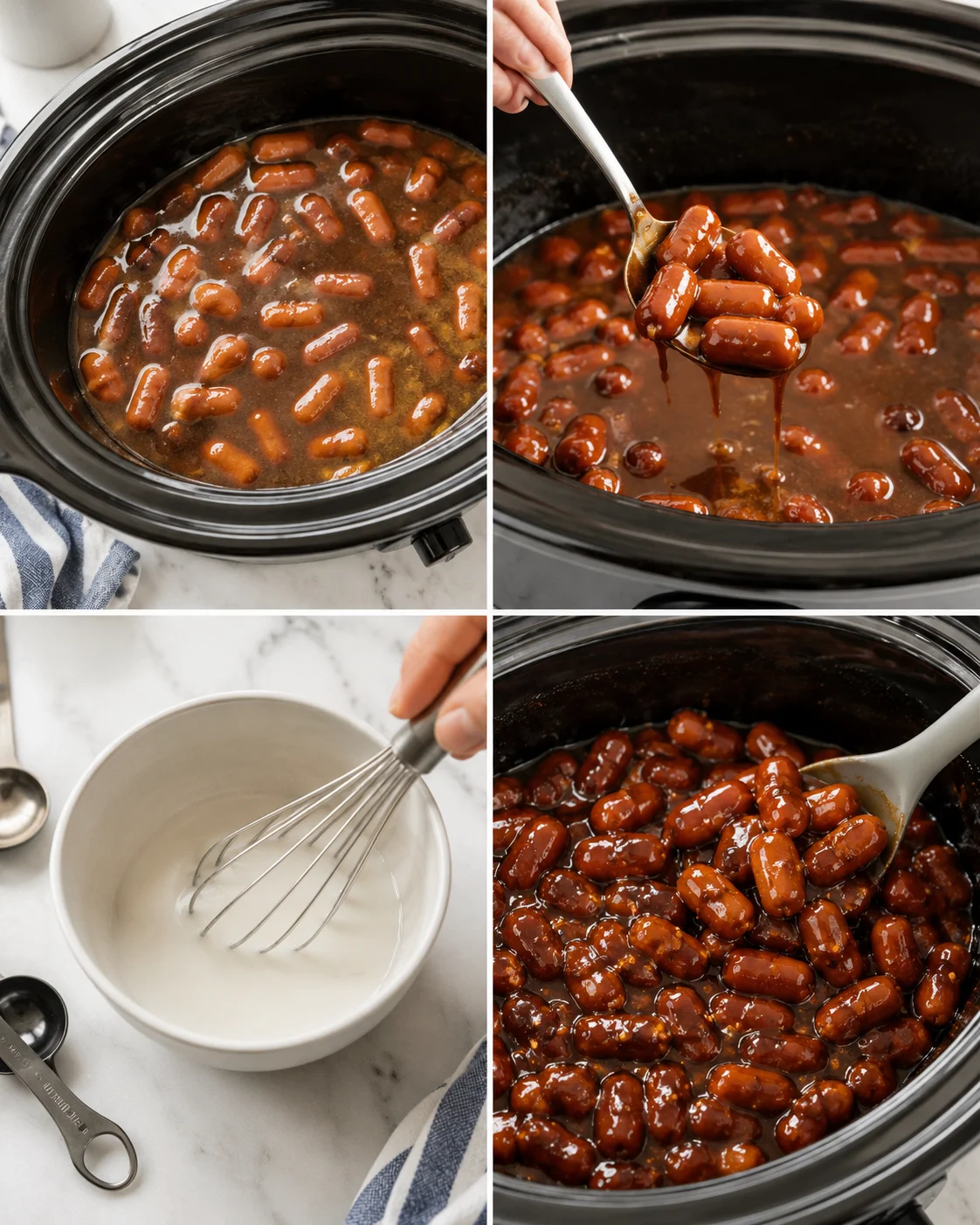 collage showing slow cooker glazed beans, spoon lifting beans, whisk in dairy, and beans in pot