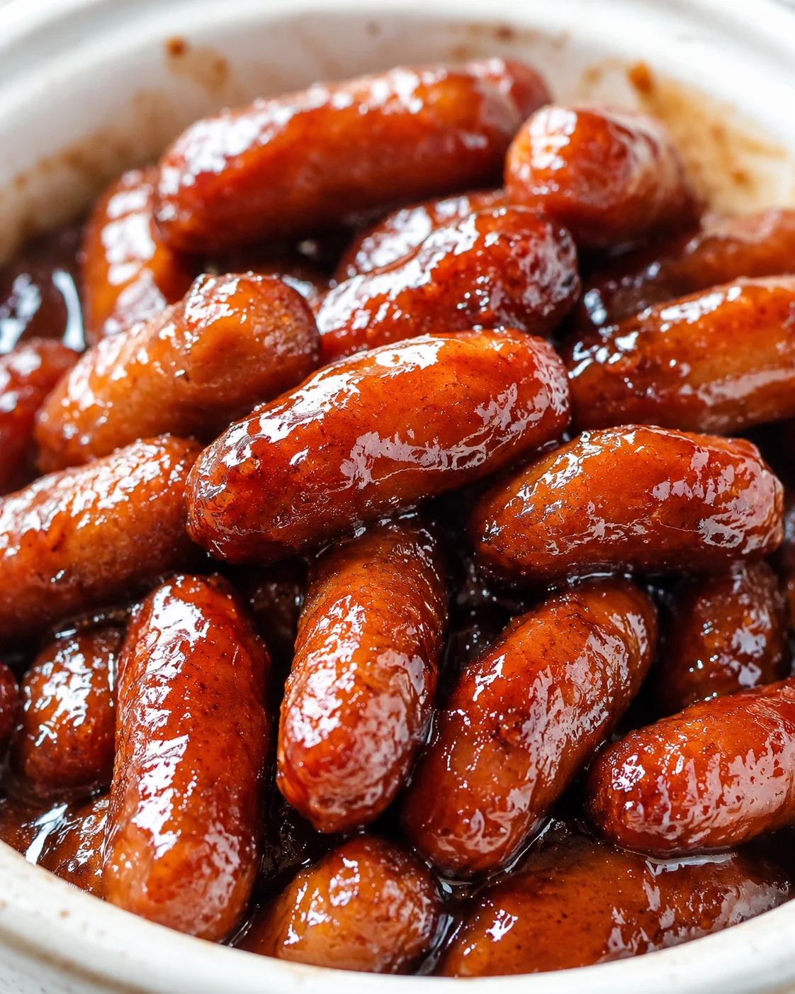 Close-up of glossy, sticky sausages glazed in a rich sauce in a white bowl.