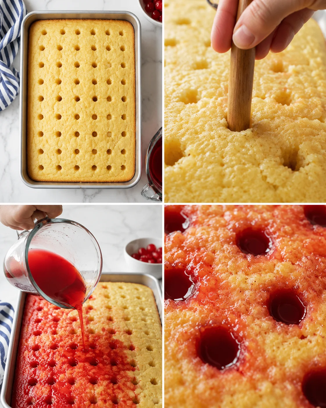 collage of a golden sponge cake in a pan, dowel poking holes, and strawberry syrup being poured.