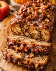 Close-up of sliced Amish apple fritter bread topped with caramelized apples.