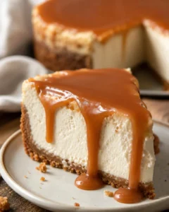 Creamy apple cider cheesecake with caramel sauce and a graham cracker crust