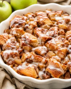 Warm apple cinnamon roll bake with apples, cinnamon, and glaze in a baking dish